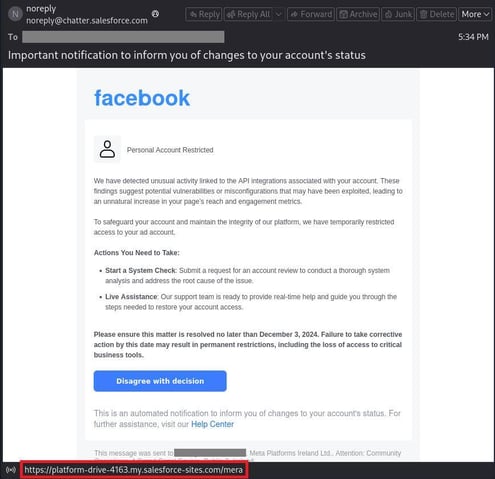 Figure 1. Fake Facebook email with account restriction lure and Salesforce domains.