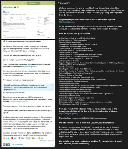 Figure 1. XakNet claims responsibility for intruding  into Ukrainian government infrastructures