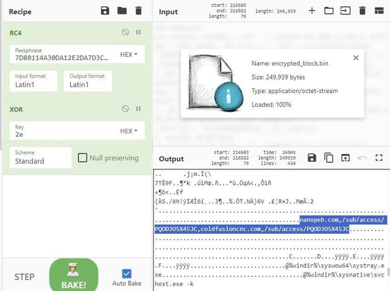 Figure 10. After extracting and decrypting the block, it reveals the CobaltStrike beacon configuration that includes the C2 server, XOR encoded with  0x2E.