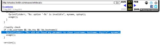 Figure 13. WhiteCat log cleaner source code from 2007 visible via the Wayback Machine