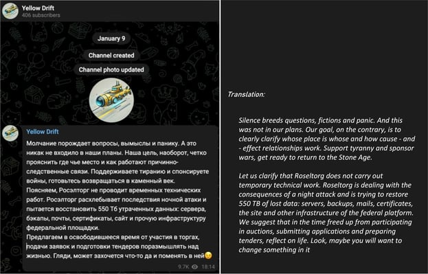 Figure 16. Yellow Drift’s Telegram channel post detailing claims about the attack against the Russian company