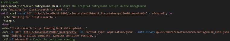 Figure 17. The `custom-entrypoint.sh` file is used to facilitate the upload of the sample data to the Elasticsearch service.