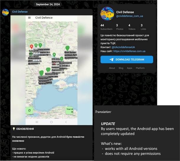 Figure 19. Updates on the Civil Defense Telegram channel, claiming updates for its Android application