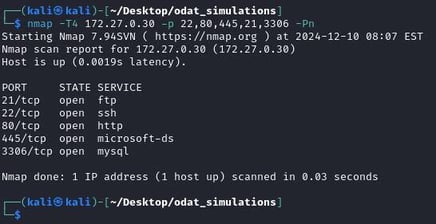 Figure 24. NMAP scan to verify opened ports on the Metasploitable machine