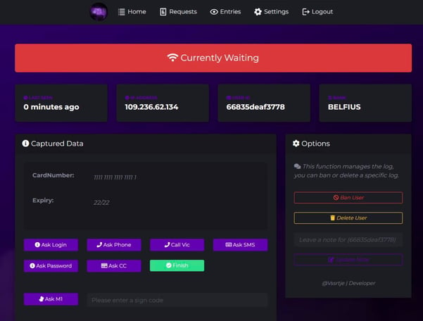 Figure 3. A phishing panel offered by the V3B PaaS showing real-time feedback and a panel to interact with a potential victim.