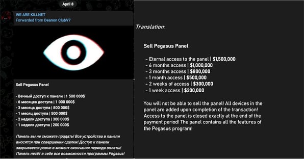 Figure 3. KillNet’s Telegram channel repost of Deanon Club’s statement offering time-based access to Pegasus
