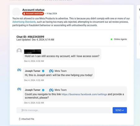 Figure 4.4 The chat support representative asked the victim to validate the Facebook profile by submitting a screenshot of their Facebook business settings page