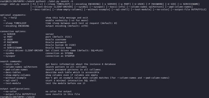 Figure 44. ODATs search module help message output