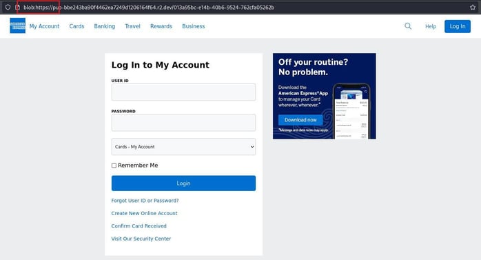 Figure 5. Generated blob HTML phishing page mimicking American Express.