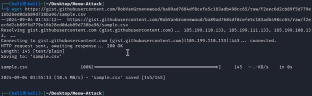 Figure 5. Using the wget command to download the sample.csv file into the host machine.