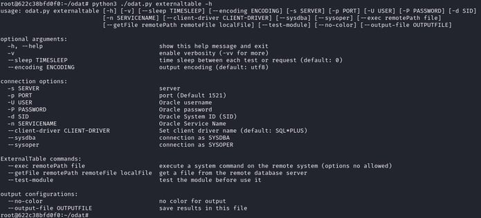 Figure 50. ODATs externaltable module help message output