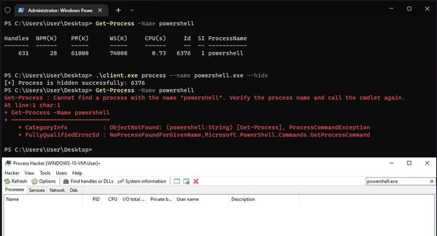 Figure 6. Powershell.exe is not found in Process Hacker and PowerShell.