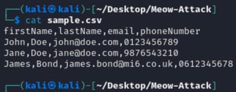 Figure 6. Using the cat command to ensure the output of the sample.csv file contents.