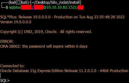 Figure 60. Obtain SQL shell access to the Oracle DB target on the Silo CTF machine