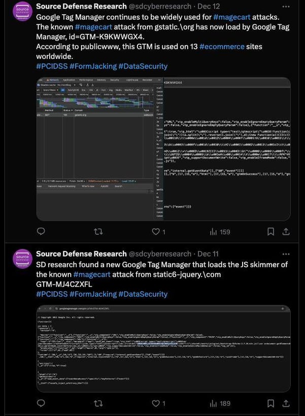 Figure 7. In recent months, multiple instances of malicious GTM scripts have been identified by SD Research, as reported on X