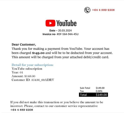 Figure 8. Fake YouTube invoice