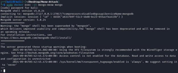 Figure 8. The docker exec command is executed with the mongo command to access the MongoDB CLI.