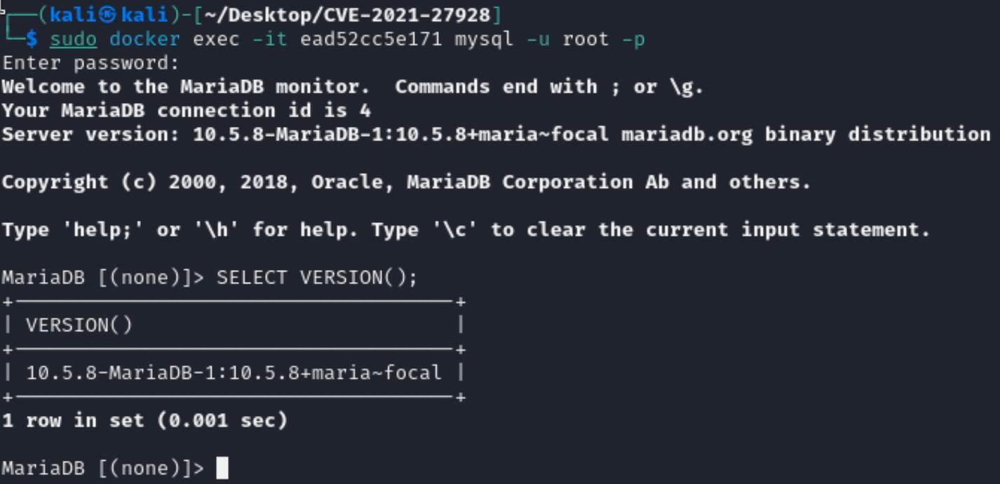 Figure 8. The docker exec command is executed with the mysql command to access the MariaDB CLI.