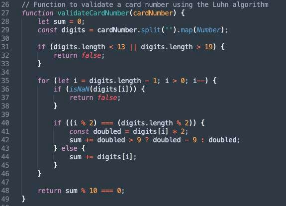 Figure 9. Credit card data is validated within the skimmer code using a simple checksum process based on the Luhn algorithm.