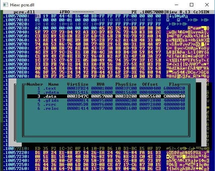 Figure 9. The malicious code is encrypted and stored in the “.data” section of the malicious pcre.dll file