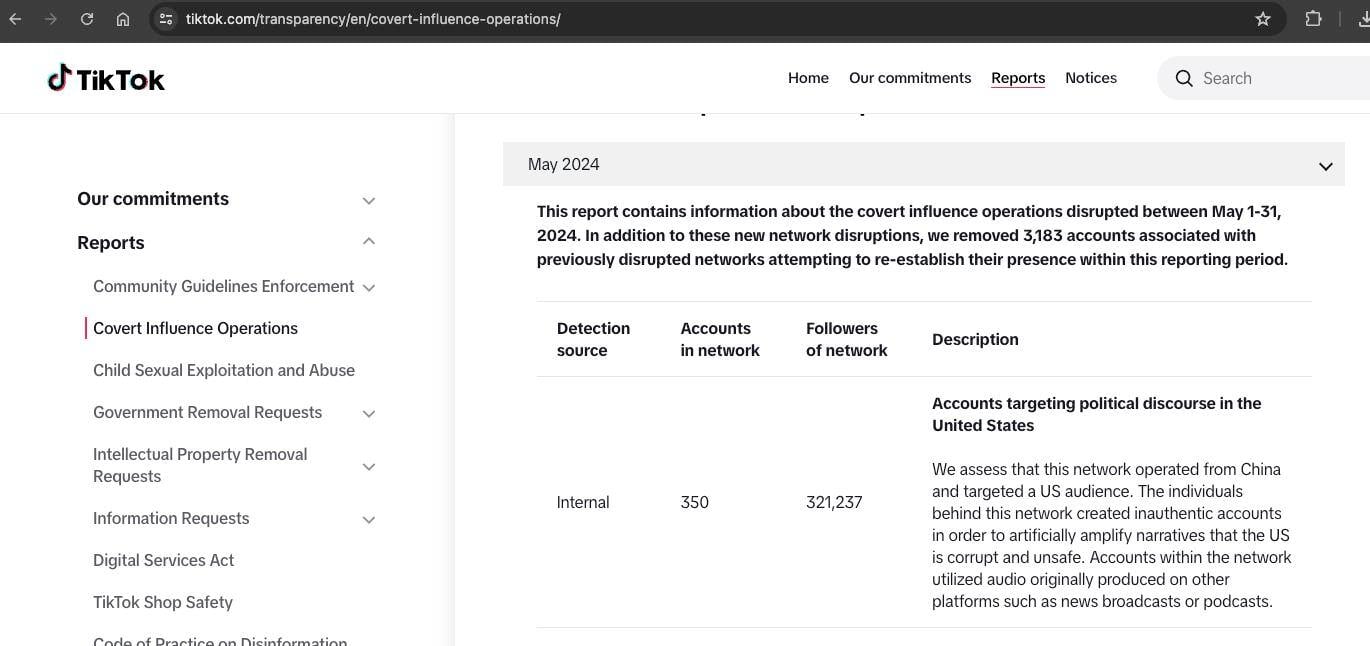 Image 6. TikTok reporting that it took down accounts.