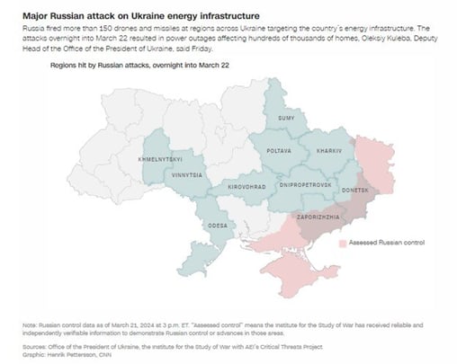 Regions affected by Russian strikes launched on March 22. Source CNN